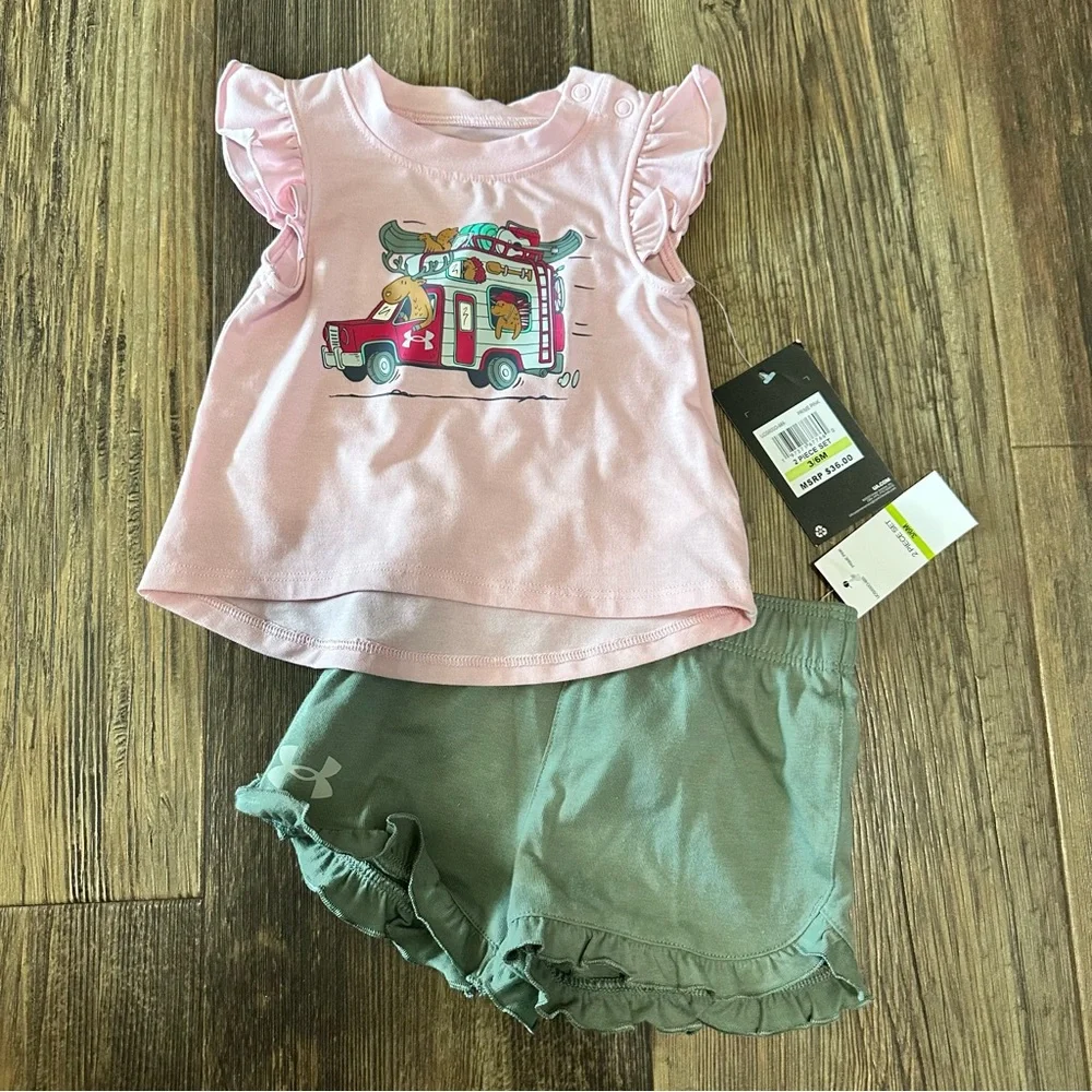 Under Armour baby girl 3-6 Mo shorts and shirt summer outfit camping moose NEW